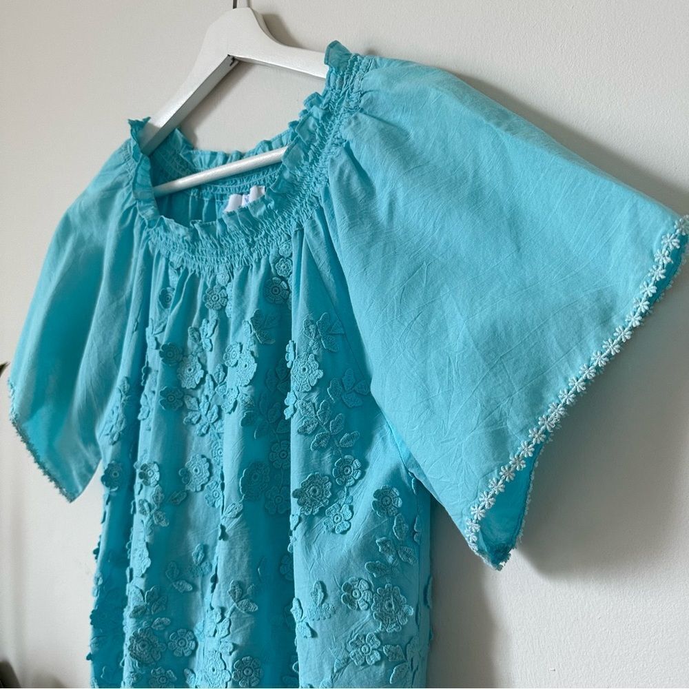 Valerie Khalfon Embroidered Top Turquoise Short Sleeve Floral Size 36 - Picture 4 of 8